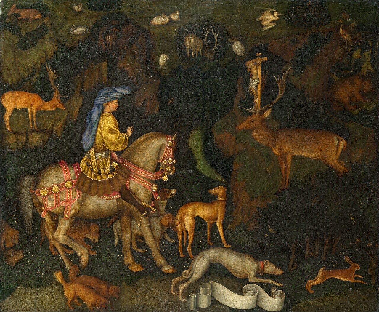 Pisanello, The Vision of Saint Eustace, a knight among finely observed animals