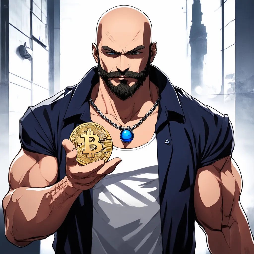 Bald muscular man wearing blue orb necklace holding bitcoin