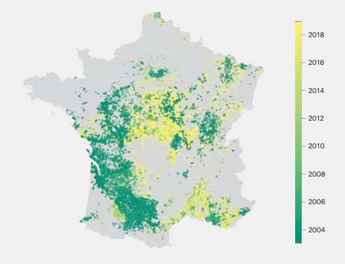 Years in which a municipality received a CatNat declaration for the first time (only years 2003–2019 considered) 