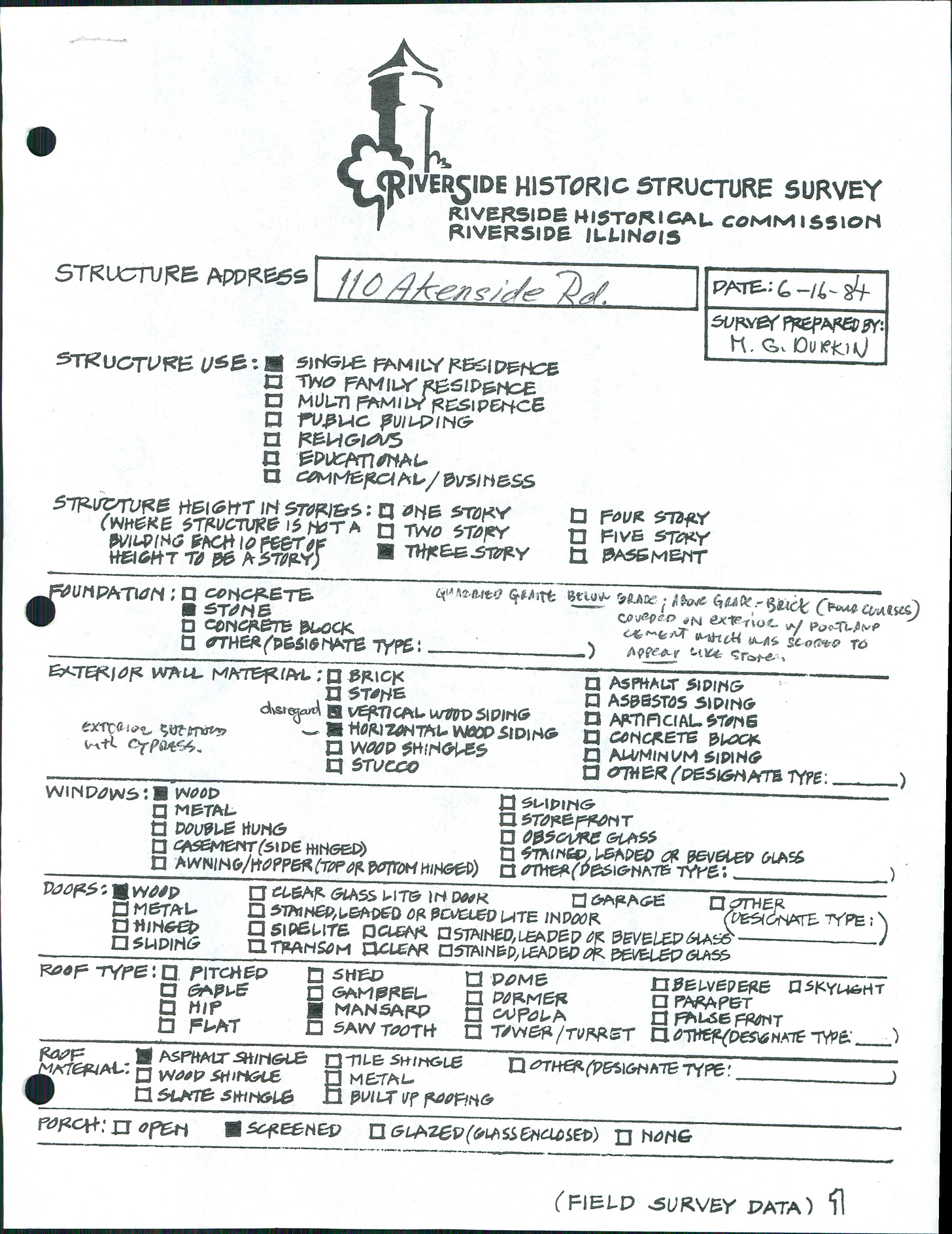 Handwritten document that reads Riveside Historical Survey. Includes details about structure, materials, windows, doors, and roof type. Handwritten document that reads Riveside Historical Survey. Includes details about structure, materials, windows, doors, and roof type.