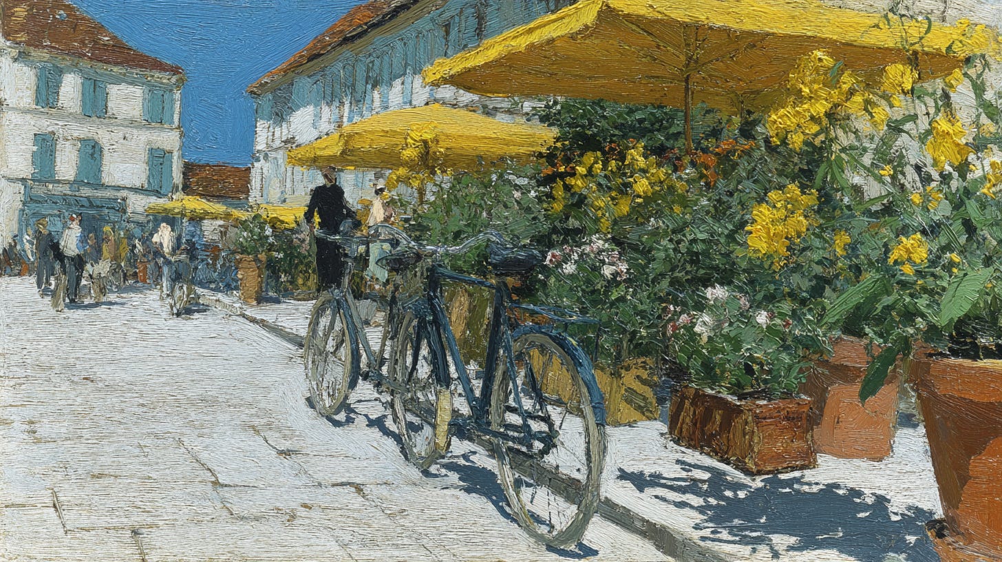 busy vintage flower market in a French village, old bicycles with flower crates, lively crowd, café seating under parasols, fragrant blooms in terracotta pots --ar 16:9 --sref 1319887298 --profile i6fyyx5 --sv 4 --v 7 busy vintage flower market in a French village, old bicycles with flower crates, lively crowd, café seating under parasols, fragrant blooms in terracotta pots --ar 16:9 --sref 1319887298 --profile i6fyyx5 --sv 4 --v 7