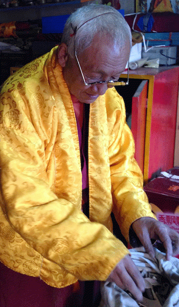 Lama physician of Tibetan medicine with herbs | Amdo, 2014. Photo by Laura Hay