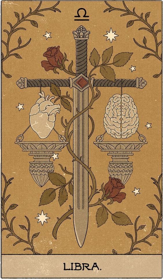 Image ID: Tarot card style image with the libra symbol at the top and libra written at the bottom. The image shows a sword with scales hanging from each side, one with the heart and one with the brain.