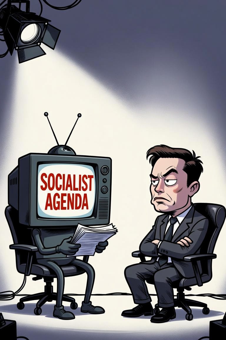 **Political Cartoon Style Prompt:**
A satirical political cartoon in the style of classic editorial cartoons (bold black outlines, exaggerated caricature, flat vibrant colors, heavy ink shading). Two office chairs face each other across a low table in a sparse interview studio.
On the left: an anthropomorphic old CRT television set sits in the chair with its skinny metal legs crossed casually. The screen glows with the words “SOCIALIST AGENDA” in bold red capital letters. The TV holds a thick stack of papers in one hand and is reading from them like a teleprompter, its antennae tilted forward in a smug, lecturing posture.
On the right: Elon Musk sits in the opposite chair, looking thoroughly annoyed. His eyes are rolled hard toward the ceiling, one eyebrow raised in pure exasperation, mouth slightly open as if answering a ridiculous question against his will. Arms crossed or gesturing dismissively.
High contrast lighting, subtle stage spotlight, clean white background with faint studio cables, sharp cartoon line work, no text balloons, pure visual satire. **Political Cartoon Style Prompt:**
A satirical political cartoon in the style of classic editorial cartoons (bold black outlines, exaggerated caricature, flat vibrant colors, heavy ink shading). Two office chairs face each other across a low table in a sparse interview studio.
On the left: an anthropomorphic old CRT television set sits in the chair with its skinny metal legs crossed casually. The screen glows with the words “SOCIALIST AGENDA” in bold red capital letters. The TV holds a thick stack of papers in one hand and is reading from them like a teleprompter, its antennae tilted forward in a smug, lecturing posture.
On the right: Elon Musk sits in the opposite chair, looking thoroughly annoyed. His eyes are rolled hard toward the ceiling, one eyebrow raised in pure exasperation, mouth slightly open as if answering a ridiculous question against his will. Arms crossed or gesturing dismissively.
High contrast lighting, subtle stage spotlight, clean white background with faint studio cables, sharp cartoon line work, no text balloons, pure visual satire.