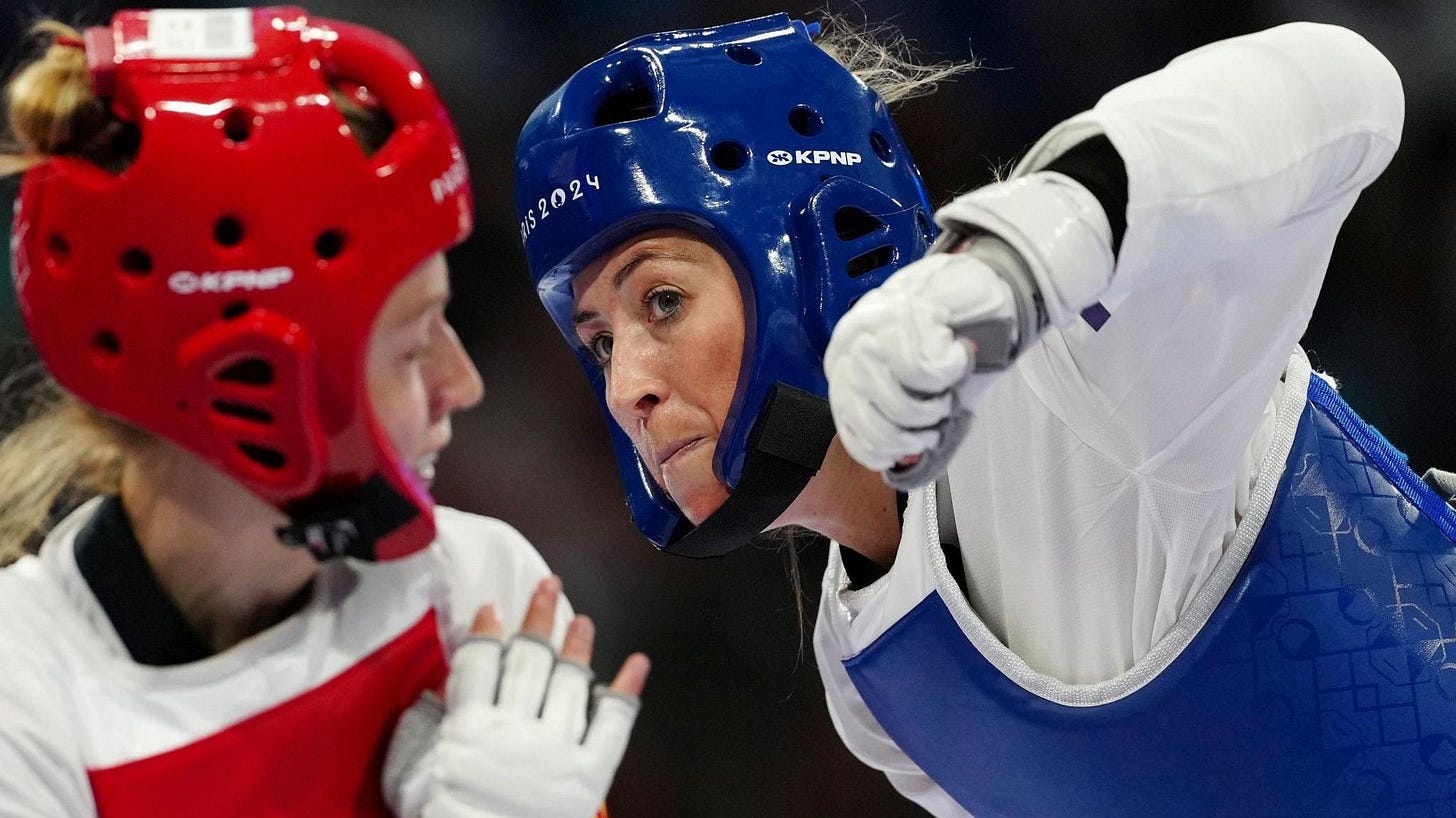 Jade Jones aims a blow at Miljana Reljikj of Macedonia in the women's Taekwondo at the Paris Olympics in 2024 Jade Jones aims a blow at Miljana Reljikj of Macedonia in the women's Taekwondo at the Paris Olympics in 2024