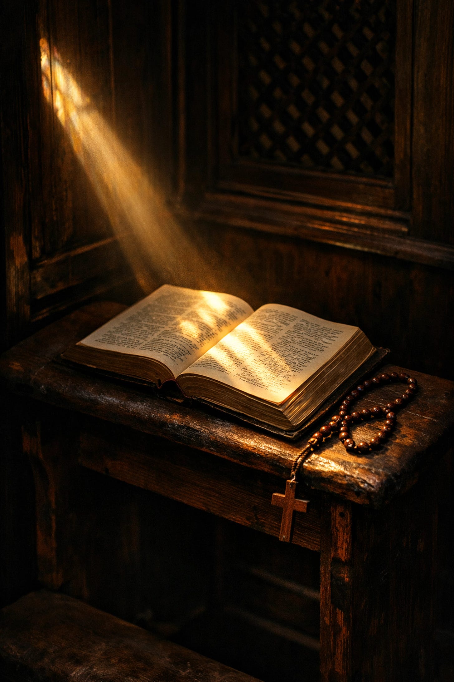 Open Bible and rosary in church confessional symbolizing spiritual preparation for Lent Open Bible and rosary in church confessional symbolizing spiritual preparation for Lent