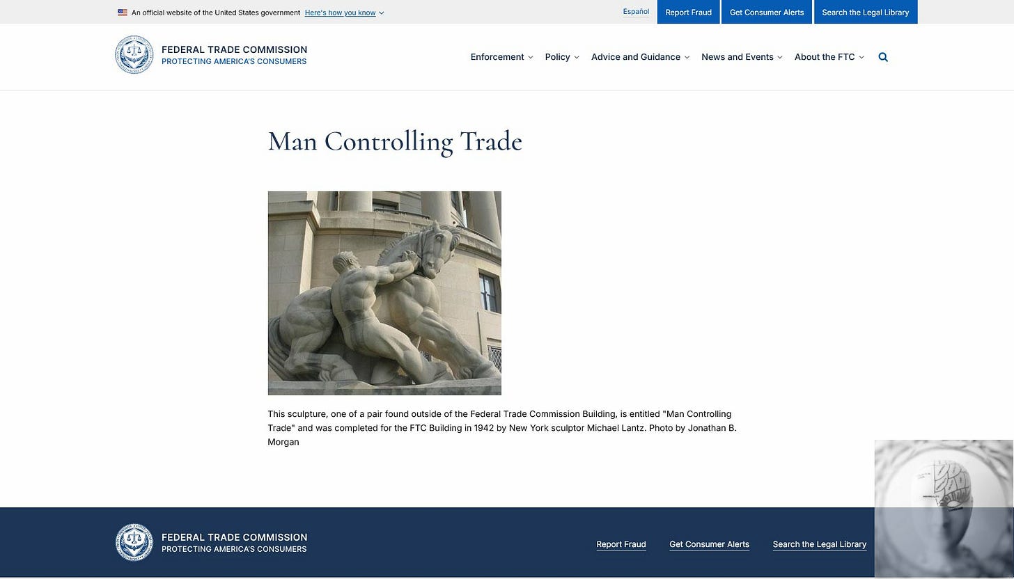 Man Controlling Trade webpage screenshot of FTC website showing the monumental equestrian stratue outside the building Man Controlling Trade webpage screenshot of FTC website showing the monumental equestrian stratue outside the building