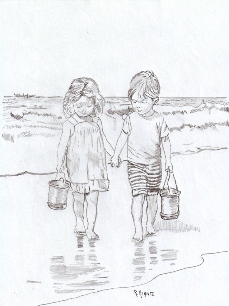 May be a black-and-white image of child, bucket, sketch, beach and text