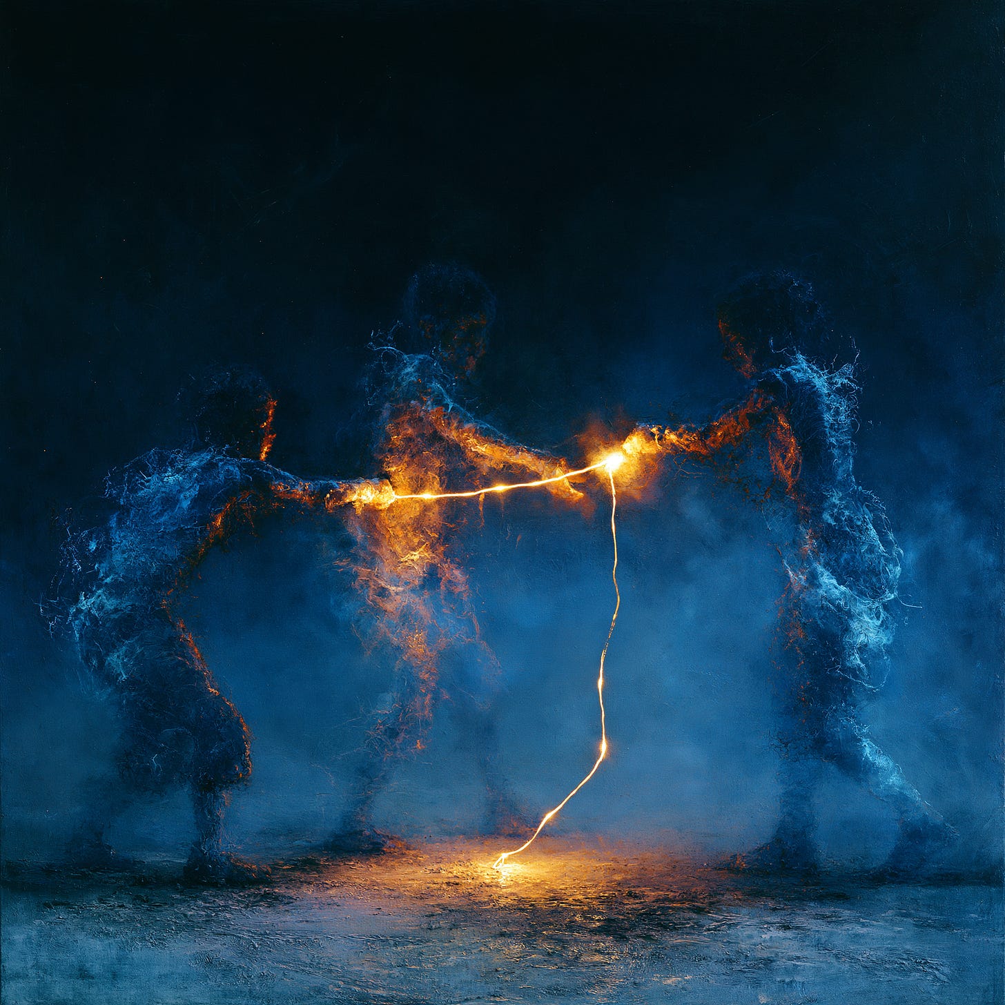 Conceptual illustration of AI capability amplification as a relay handoff between three luminous figures sharing one continuous light.