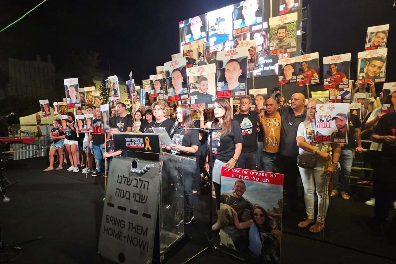 Families of hostages take part in a meeting at Tel Aviv's "Hostages Square." Photo by Paulina Patimer. Families of hostages take part in a meeting at Tel Aviv's "Hostages Square." Photo by Paulina Patimer.