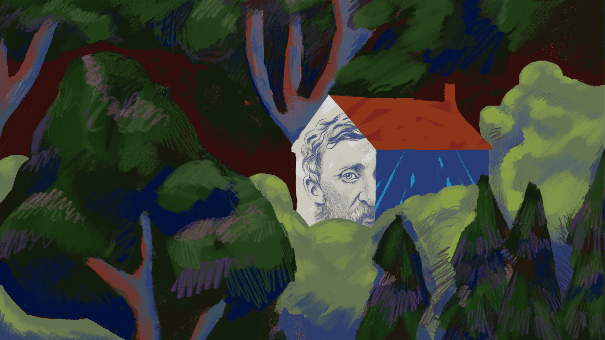 An illustration of a house in a forest, with part of a man's face drawn on one side—evoking transcendentalism—nestled among green trees and dark foliage. An illustration of a house in a forest, with part of a man's face drawn on one side—evoking transcendentalism—nestled among green trees and dark foliage.