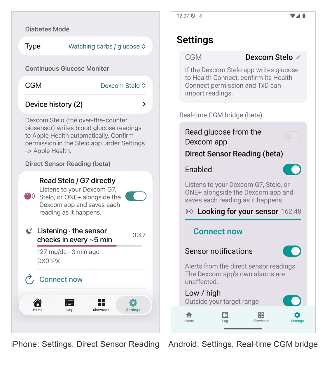 Food Health TxD Settings on iPhone with Direct Sensor Reading on, showing 127 mg/dL 3 min ago, next to the Android Settings with the Real-time CGM bridge section and Direct Sensor Reading enabled