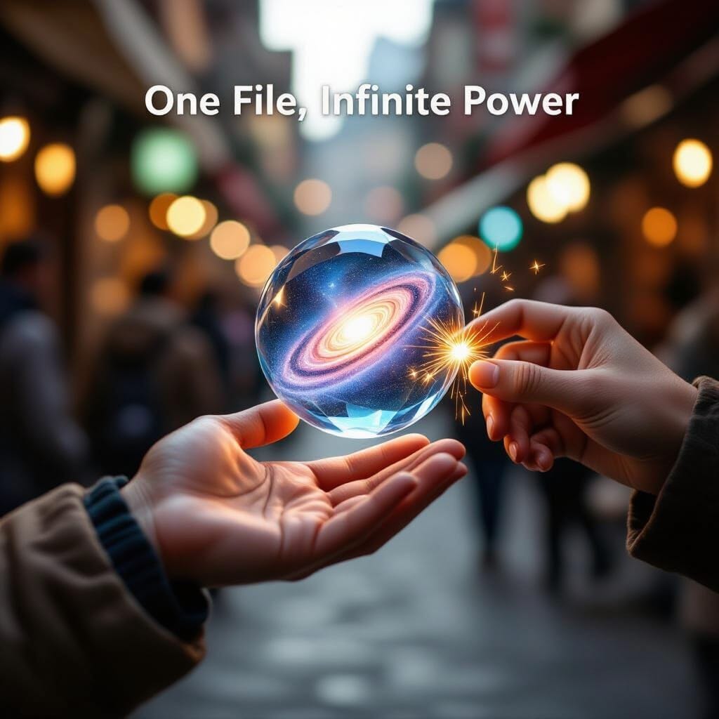 A close-up of a human hand holding a single, glowing, translucent crystal drive. Inside the crystal, a miniature, swirli...