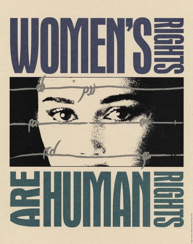 This may contain: the poster for women's rights and the human rights movement, with an image of a woman behind barbed wire