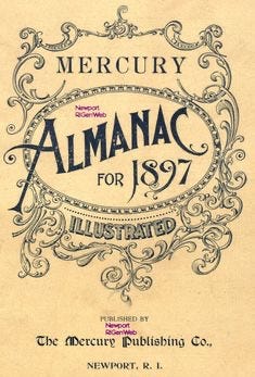Okay, so our first image here says “Mercury Almanac for 1897, Illustrated,” Only it is really fancy and in like 4 different hand-drawn letter styles. The words are framed with a bunch of classical flourishes. The second is the “Agricultural Almanac for the year 1918” only it is a little difficult to see the title because it is sort of squished into this super detailed etching of a tree and two ladies who look like Greco-Roman goddesses, but probably just stand for agriculture and medicine. One is holding sheet and the other is holding one of those snake wrapped staffs. The final image is a contemporary Old Farmer’s Almanac. It looks basically like every other Old Farmer’s Almanac with its classical frame around the title interspersed with a bounty of wheat and fruits and vegetables. It also has its classic portrait of Ben Franklin looking like a 100 dollar bill on the left and the other guy no one cares about named robert or something on the right. The most significant difference between this Old Farmer’s Almanac and any other is that this one says “2024” in big red numbers in the middle.