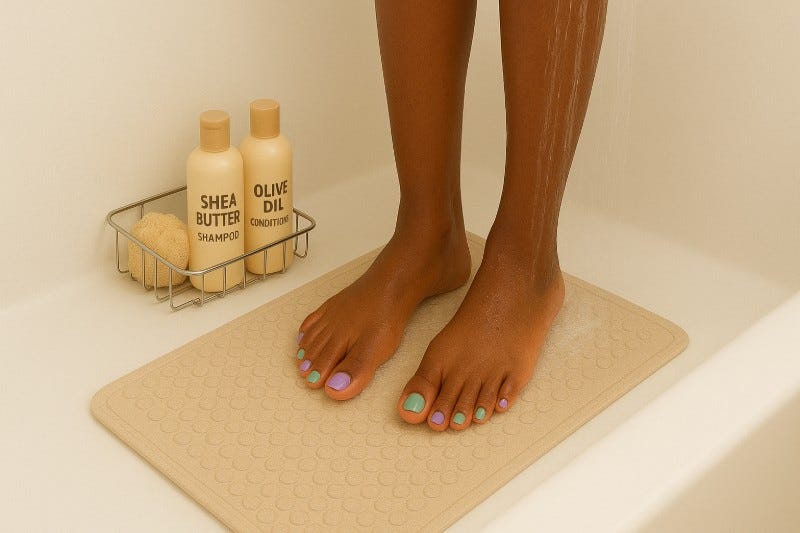 Purple and turquoise polished toes in a shower with a bathroom caddy of shampoo, conditioner and a loofah Purple and turquoise polished toes in a shower with a bathroom caddy of shampoo, conditioner and a loofah