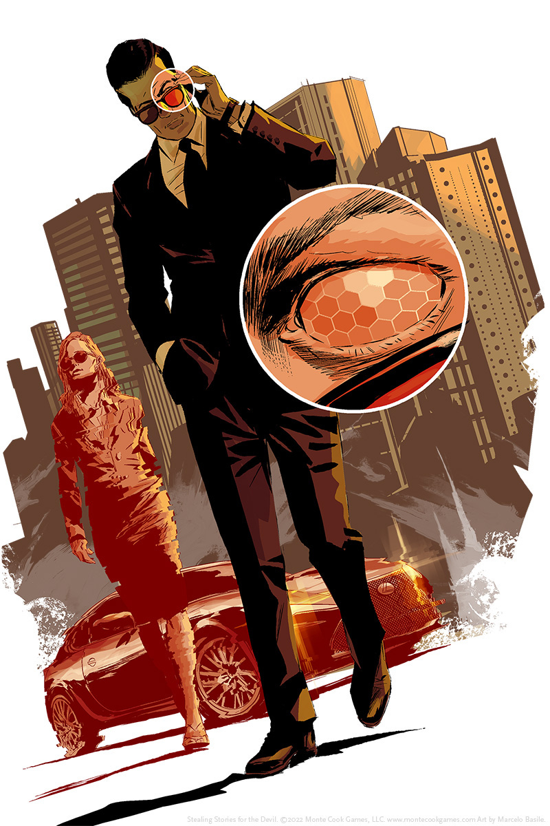 Stylish man in a suit in a city peering over the top of his sunglasses. A close up shows that one of his eyes is actually cybernetic.