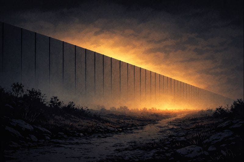 A massive, smooth wall stretches into the distance at dusk, viewed from the outside. Warm yellow light glows softly over the top, hinting at a city beyond, while the foreground remains dark and empty.