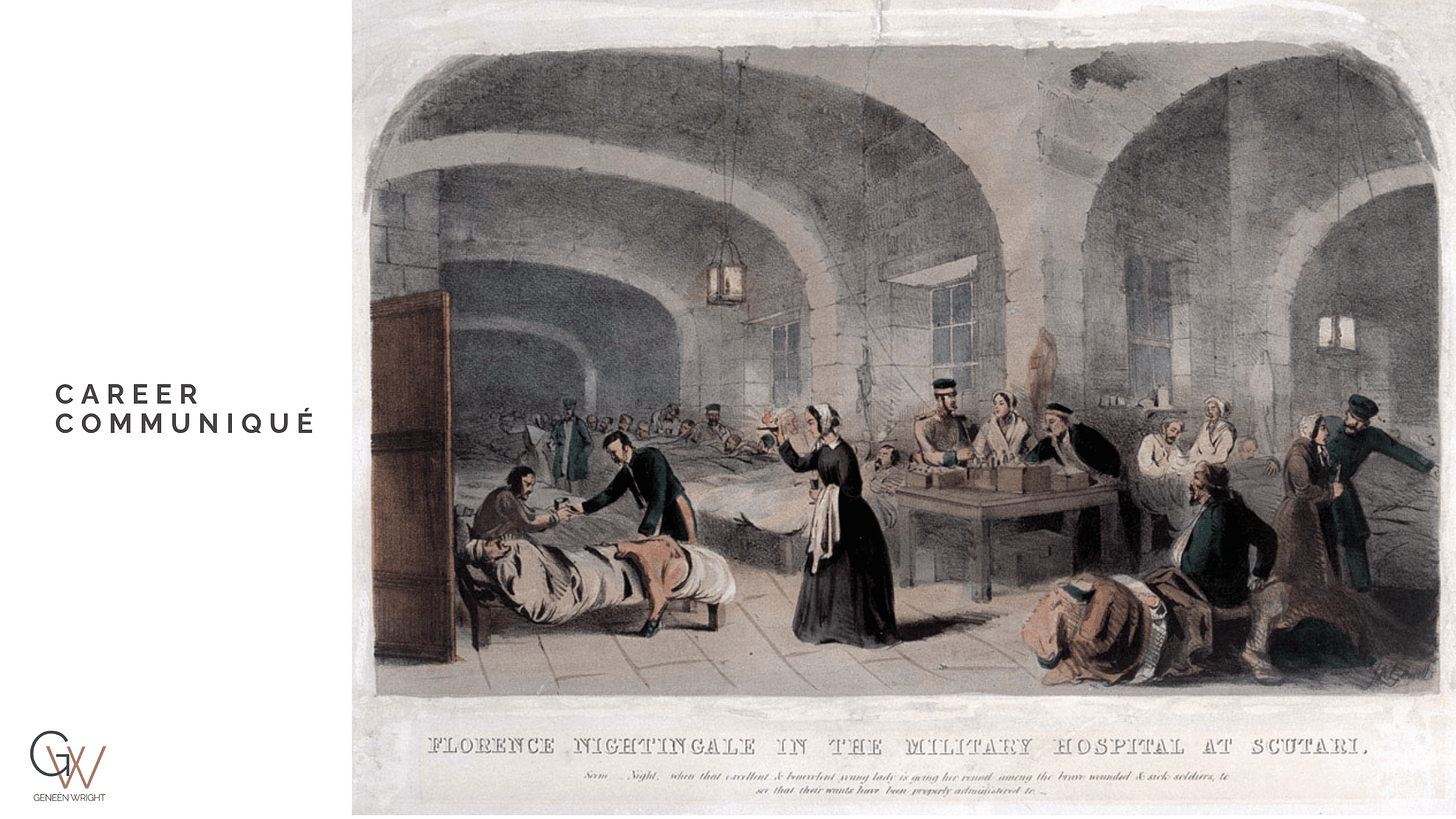 A 19th-century lithograph titled "Florence Nightingale in the Military Hospital at Scutari," depicting a crowded stone ward with arched ceilings where nurses and attendants tend to wounded soldiers lying on low beds. A central female figure in dark dress and white apron stands at a table distributing what appears to be supplies or medicine. The scene captures the institutional scale of the Crimean War hospital. Career Communiqué branding and the Geneèn Wright logo appear on the left. A 19th-century lithograph titled "Florence Nightingale in the Military Hospital at Scutari," depicting a crowded stone ward with arched ceilings where nurses and attendants tend to wounded soldiers lying on low beds. A central female figure in dark dress and white apron stands at a table distributing what appears to be supplies or medicine. The scene captures the institutional scale of the Crimean War hospital. Career Communiqué branding and the Geneèn Wright logo appear on the left.