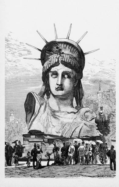 statue of liberty on display in paris victorian engraving, 1878 - statue of liberty for kids stock illustrations