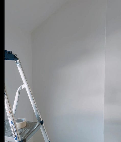 Various pictures showing various states of repairs from plugs being pulled out of the wall, to a wallpaper stripped wall with cracks, to.wall cracks being filled, to two freshly sanded floors and wall painted white