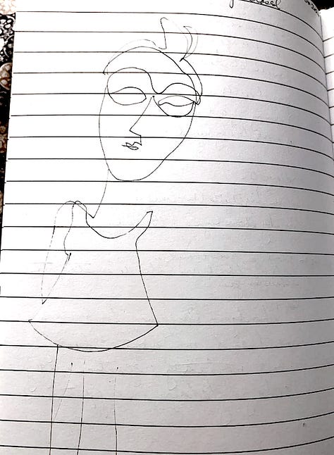 9 self portraits made as blind contour drawings, black ink on white paper, with faces askew; in one, the chin is shifted to the left so it looks like there's only half, in another the neck intersects with the chin in a way that it looks like a chin hair; in a third, the hair is completely off the head and instead is like a curtain in front of the face. They're cubist, cartoonish, strange and somehow beautiful