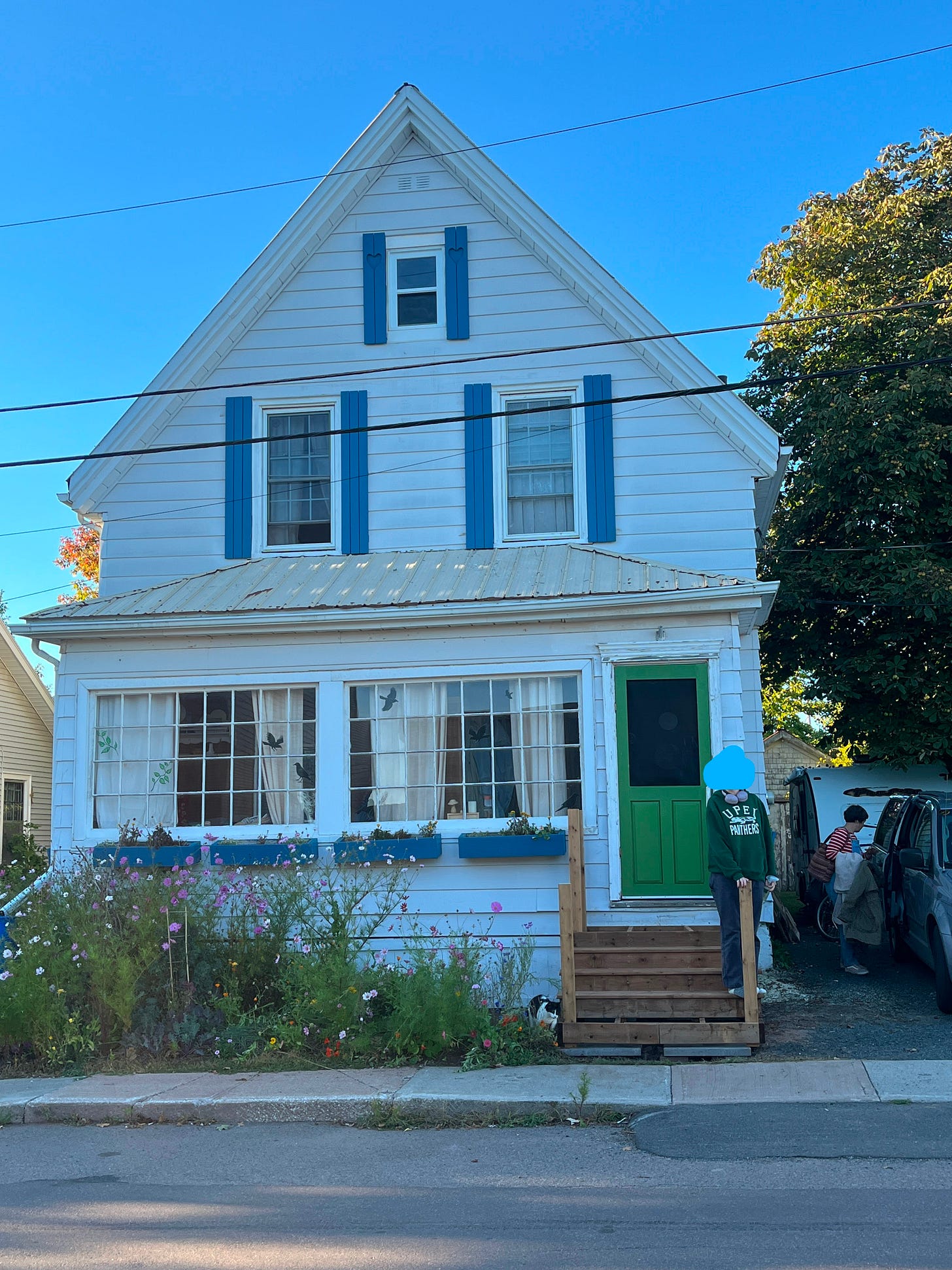 My house. A white, A-framed house with two floors. It has nice new blue wooden shutters and the front garden is full of lovely flowers.