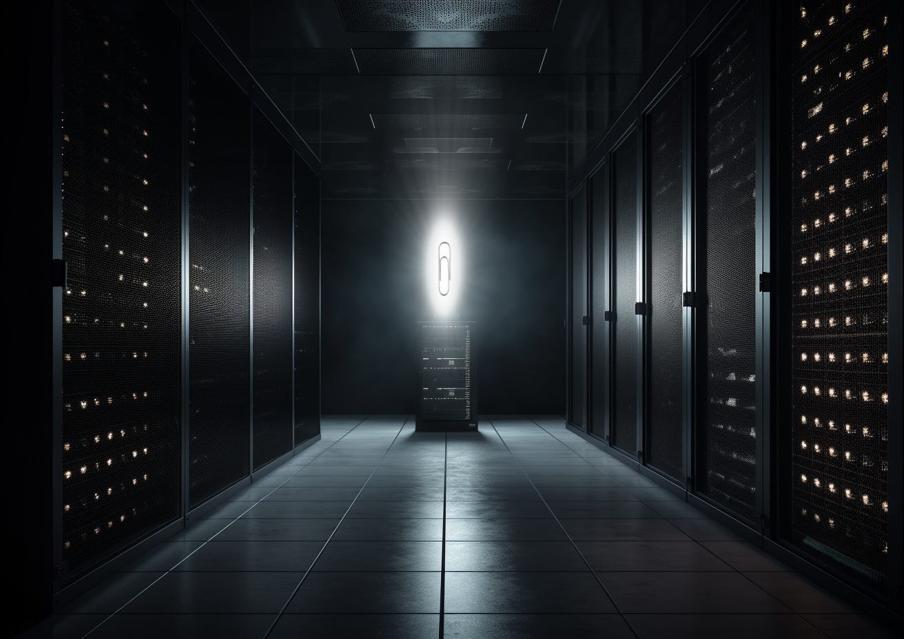 Server room with main server rack at end having an epiphany involving a paperclip