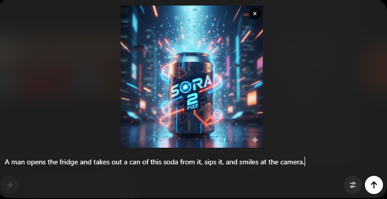 Futuristic neon-lit soda can labeled “Sora 2 Fizz,” with glowing light trails and sparks, shown above a caption about a man taking the can from a fridge, sipping it, and smiling at the camera.