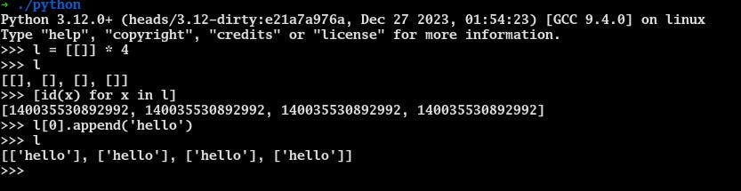Demonstration that each inner list is indeed reference to the same list object