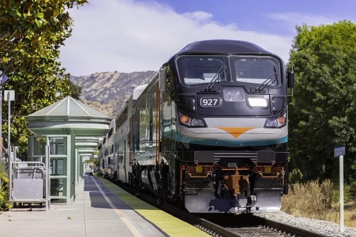 A Metrolink train from the front, and the interior of a Metrolink train.
