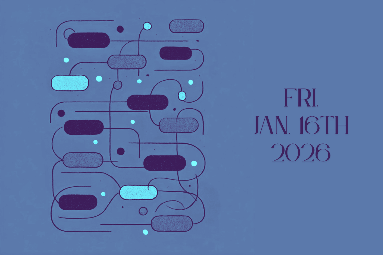 A stylized graphic for the "In Other Words" puzzle section, featuring a network of rounded rectangular nodes in various contrasting tones. The shapes are interconnected by a web of thin, swirling lines and small circular accents, mimicking a complex logic map or a connections puzzle. To the right, text reads "FRI. JAN. 16TH 2026.”