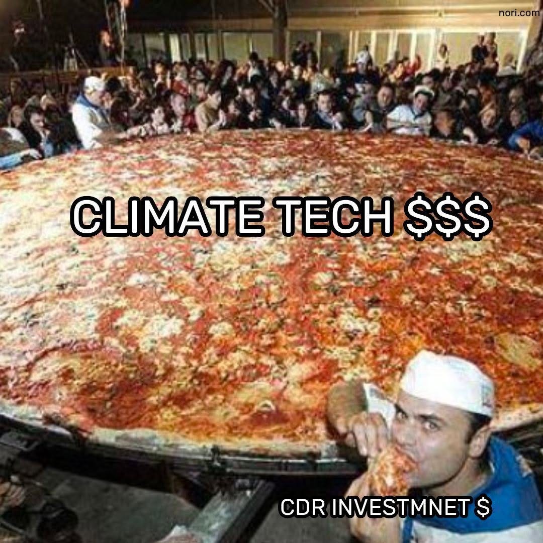 A crowd around an enormous pizza labelled "CLIMATE TECH $$$", with one man in front eating a single slice labelled "CDR INVESTMNET $".