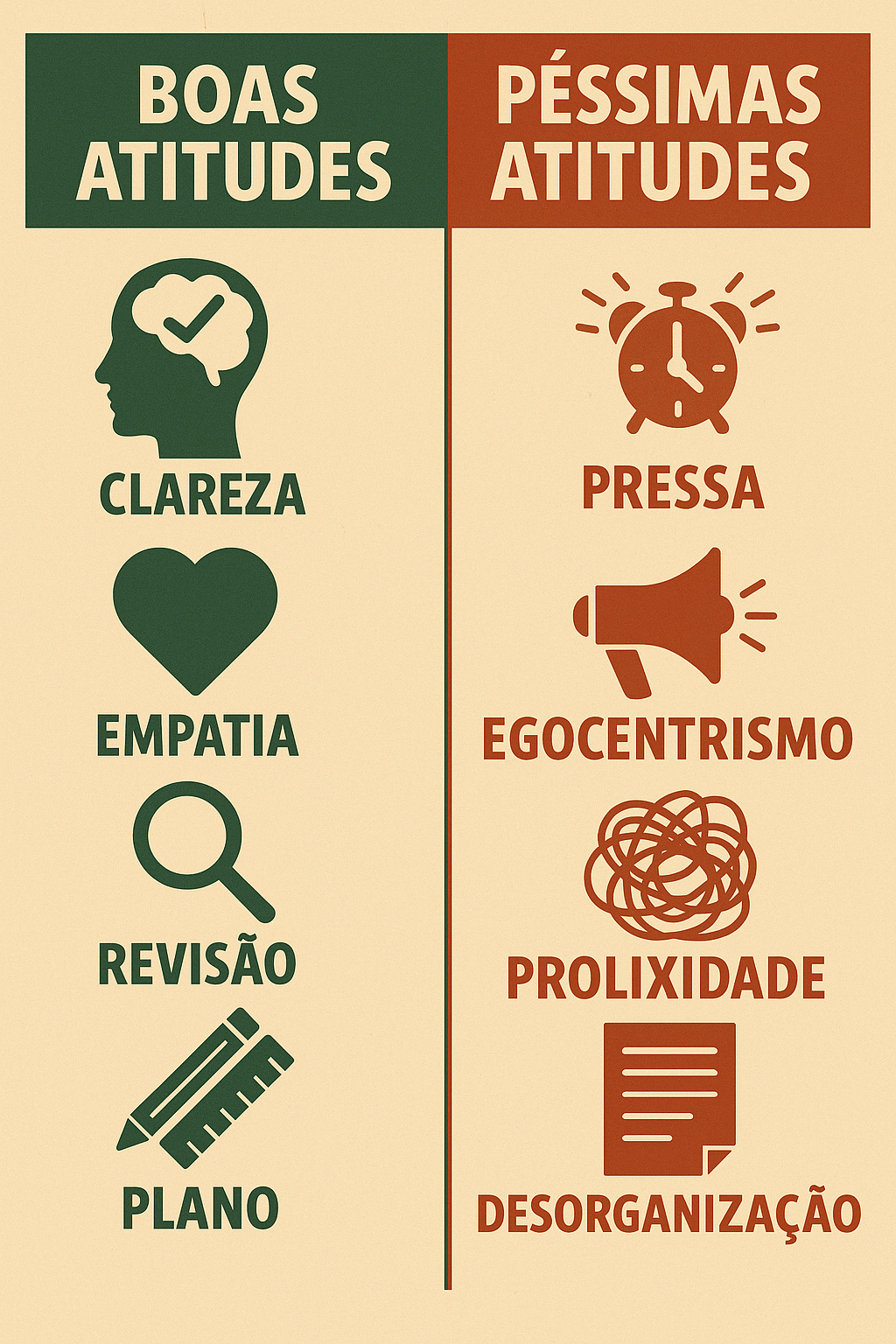 Infográfico dividido em duas colunas com ícones: de um lado, boas atitudes para a redação jurídica como clareza, empatia, revisão e plano; do outro, péssimas atitudes como pressa, egocentrismo, prolixidade e desorganização.