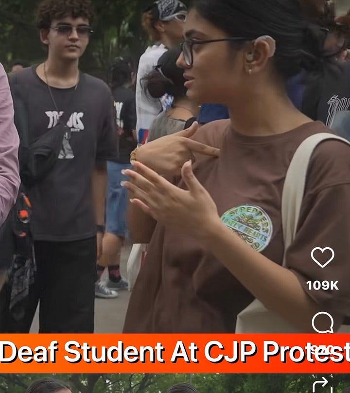 a gallery of 4, first one with a wheelchair user, second with an autistic woman weraing a helmet and headphones, third with a Deaf student and the fourth with a wheelchair user. All are communicating with reporters.