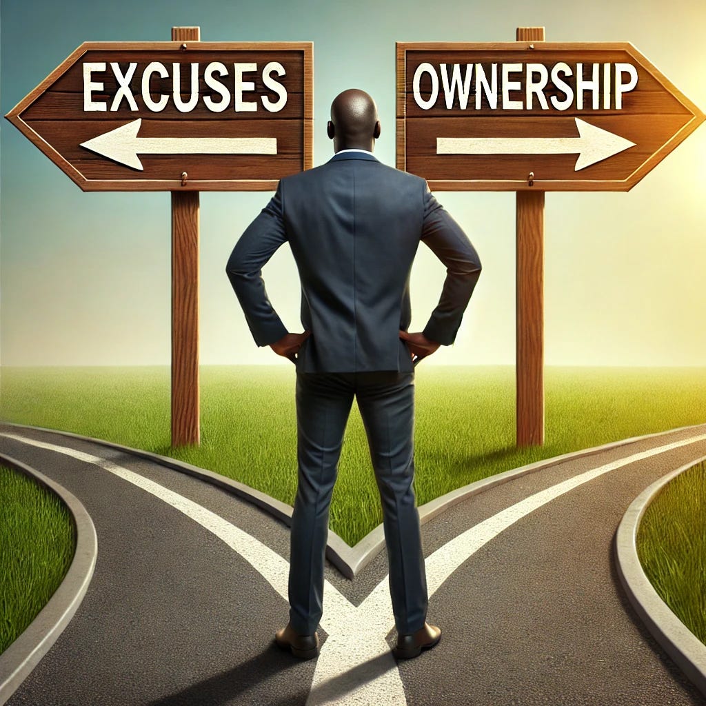 A Black man standing at a fork in the road with two clear paths: ‘Excuses’ pointing left and ‘Ownership’ pointing right. The signs are wooden, properly angled to match the two diverging paths. The setting is a bright, sunny outdoor scene with a bold and empowering visual style. The man is shown from behind, confidently walking down the ‘Ownership’ path, wearing business-professional attire, with only two visible paths and two signs.