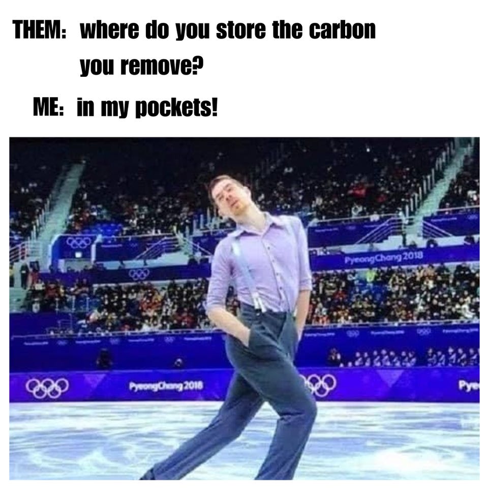 "Them: where do you store the carbon you remove? Me: in my pockets!" above an Olympic figure skater gliding with his hands in his pockets.