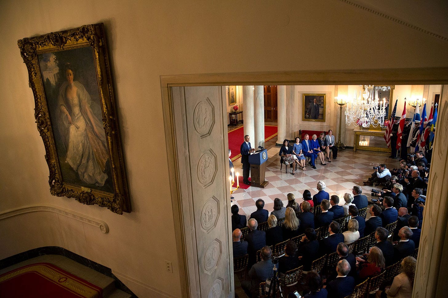 May 13, 2016: An overview of the formal arrival ceremony for the U.S.-Nordic Leaders Summit, held indoors at the White House due to inclement weather. May 13, 2016: An overview of the formal arrival ceremony for the U.S.-Nordic Leaders Summit, held indoors at the White House due to inclement weather.