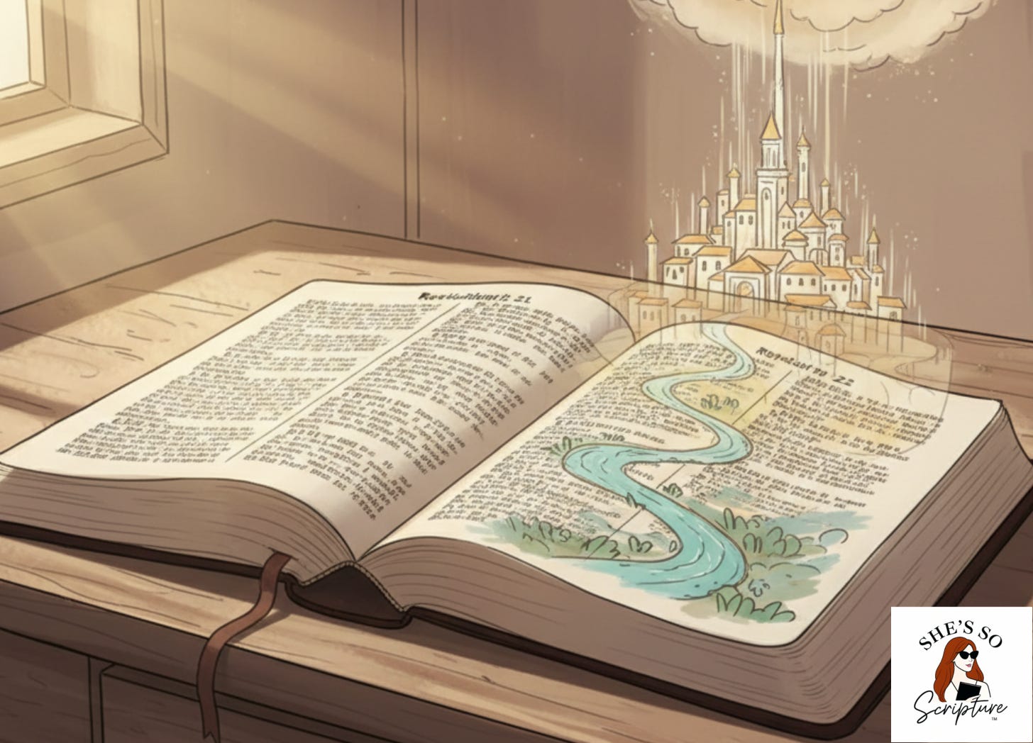 Open Bible to Revelation 21–22 representing a study of new creation, the New Jerusalem, and the healing of the nations.