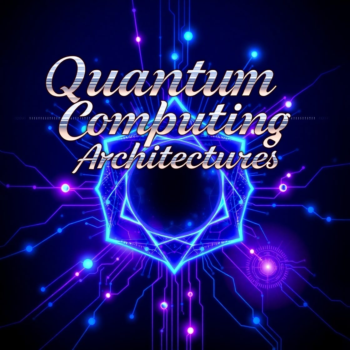 A futuristic illustration of quantum computing architectures, showcasing a mesmerizing fusion of abstract geometric shapes and swirling circuitry patterns, with glowing blue and purple hues radiating from the center, set against a dark, gradient background that transitions from navy blue to deep purple, evoking a sense of innovation and cutting-edge technology, with faint, neon-lit lines and nodes connecting various components, and subtle, pixelated textures giving the image a sense of digital depth, featuring a stylized, metallic font with the words "Quantum Computing Architectures" emblazoned across the top in a curved line, with bold, cursive script and subtle, glowing accents.