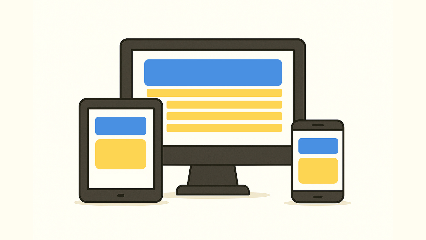 Cartoon-style illustration of a desktop, tablet, and smartphone showing the same website in different layouts.
