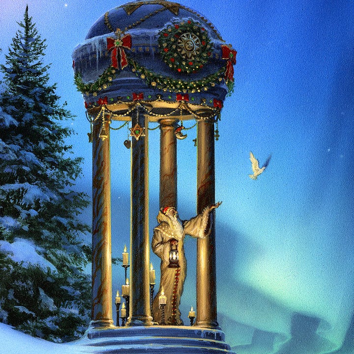 LEFT: Detail from NORTHERN LIGHTS featuring a pillared gazebo lit with candles and decorated with wreaths and ribbons. Holding a lantern a bearded man, wearing pale robes and red cap, sweeps his arm out at a snowy landscape. Doves flutter into sky painted with the waves of an aurora.   RIGHT: Close detail from NORTHERN LIGHTS featuring a man in pale robes surrounded by candles as he stands in a pillared gazebo. With a sweeping gesture, he releases a dove. The top of the thin structure where he stands is a rounded dome decorated festively with evergreen bands hung with golden ornaments of varying size, red bows trimmed in gold, and beautiful wreath bearing the face of a sun symbol at the center.