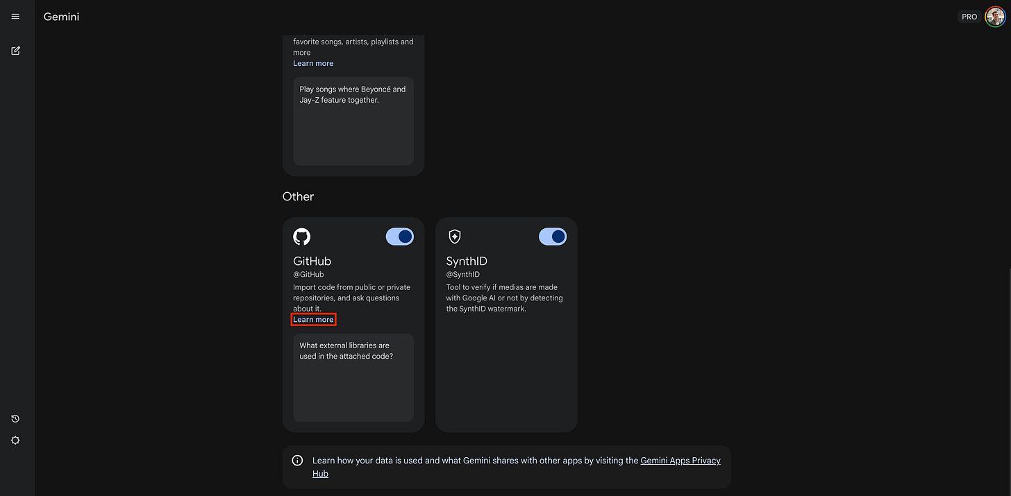 Screenshot of the GitHub extension card with a red box around the "Learn more" link.