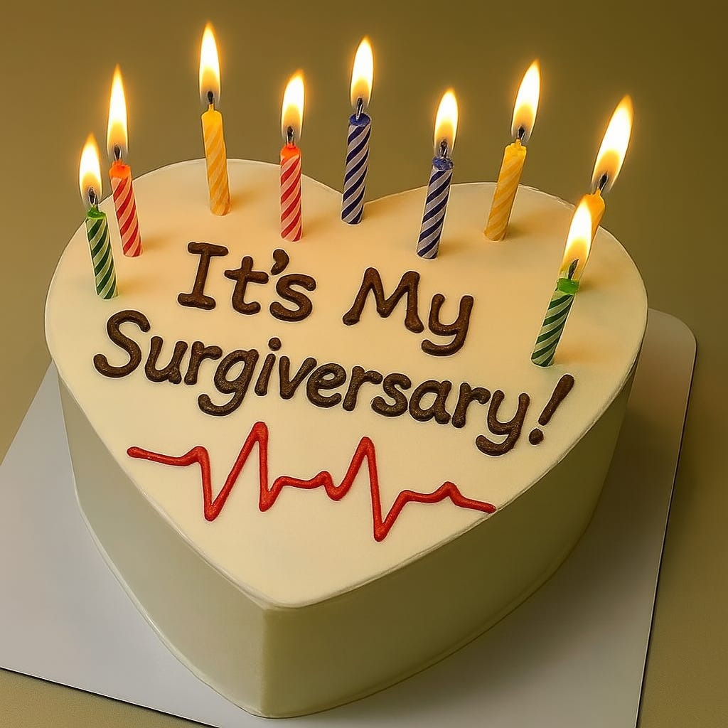 An AI-generated picture of a round cake with white icing. There are 9 candles. In chocolate icing, it says “It’s My Surgiversary!” An AI-generated picture of a round cake with white icing. There are 9 candles. In chocolate icing, it says “It’s My Surgiversary!”