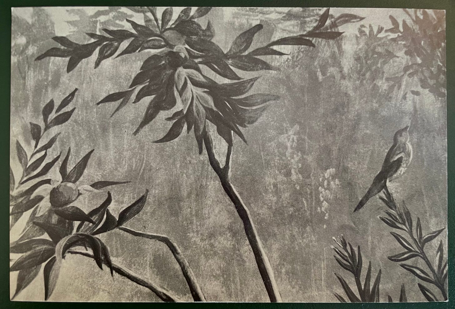 A detail of a mural with branches carrying leaves, fruit, and birds. A detail of a mural with branches carrying leaves, fruit, and birds.