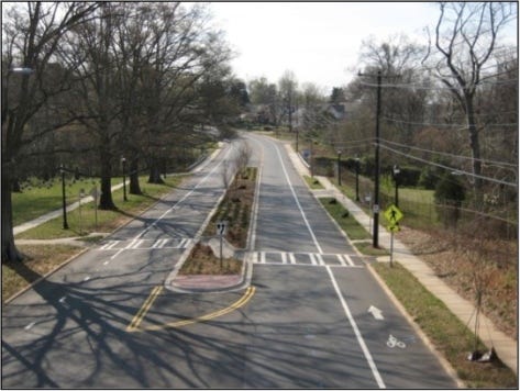 Charlotte Complete Streets-Rozzelles Ferry Road Charlotte completely revamped Rozzelles Ferry Road. The streetscape was enhance by the addition of street trees and planting strips, while pedestrian crossing opportunities--as indicated by the crosswalk and corresponding refuge median--were added along the length of the road to make walking a breeze. The bike lanes facilitate cycling on road that previously unsuitable for riding. Photo: Charmeck.org (via Flickr, Creative Commons license) Charlotte Complete Streets-Rozzelles Ferry Road Charlotte completely revamped Rozzelles Ferry Road. The streetscape was enhance by the addition of street trees and planting strips, while pedestrian crossing opportunities--as indicated by the crosswalk and corresponding refuge median--were added along the length of the road to make walking a breeze. The bike lanes facilitate cycling on road that previously unsuitable for riding. Photo: Charmeck.org (via Flickr, Creative Commons license)