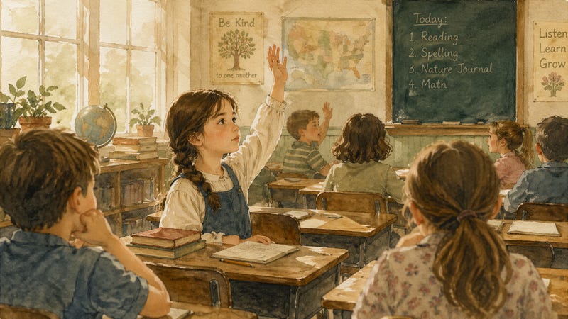 Introvert trying to keep up: young girl raising her hand in a busy classroom.
