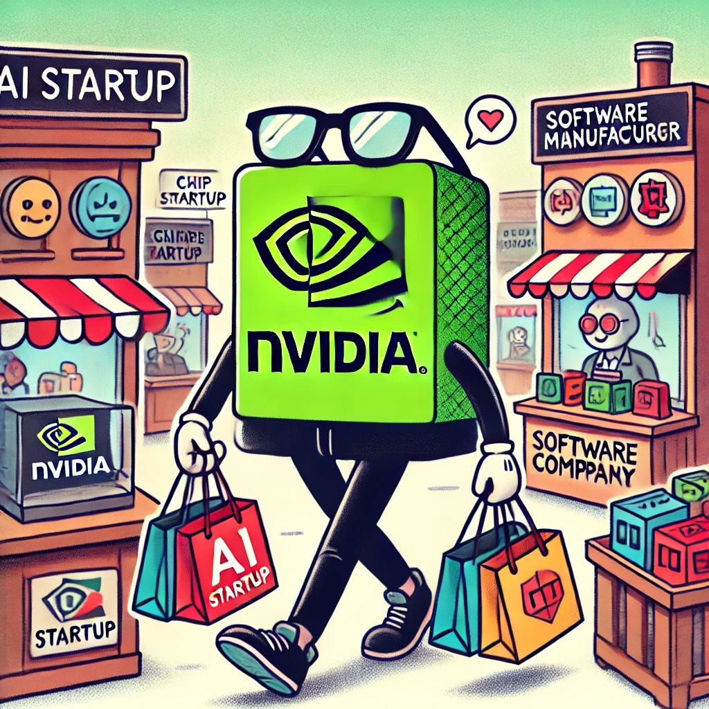 A funny and colorful cartoon illustration of NVIDIA as a character shopping in a busy market, holding shopping bags filled with small companies represented as cute logos and tiny buildings. The market stalls have signs like 'AI Startup', 'Chip Manufacturer', and 'Software Company'. The NVIDIA character is wearing green and black, with a happy expression, as if on a shopping spree.