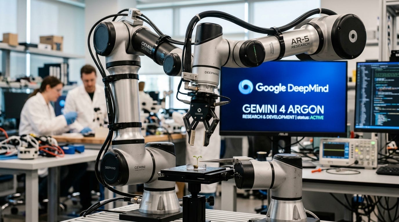 Hình ảnh cận cảnh một cánh tay robot hiện đại đang làm việc trong phòng thí nghiệm, với logo Google DeepMind và dòng chữ "GEMINI 4 ARGON" trên màn hình phía sau.