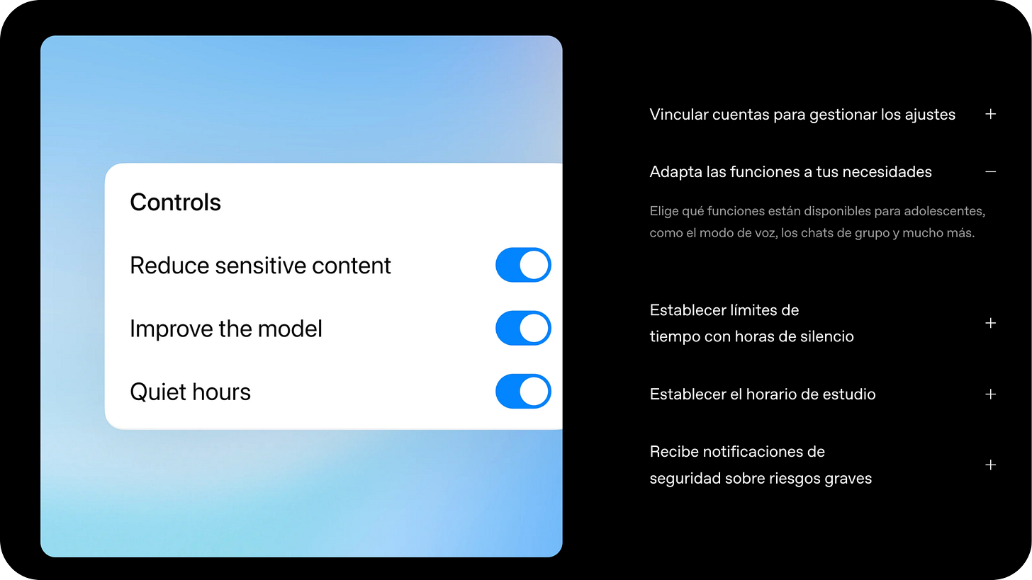 Captura de los controles parentales de ChatGPT para adolescentes, con opciones para reducir contenido sensible y fijar horas de silencio